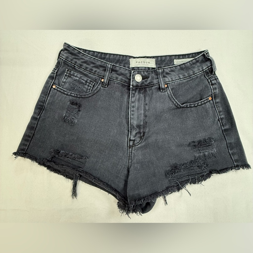 PacSun Washed Black Distressed High-Rise Denim Shorts